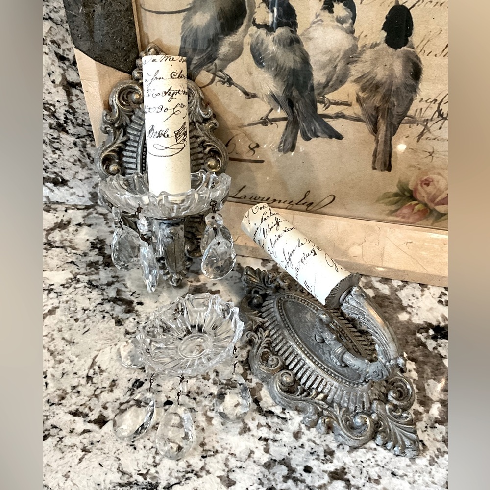 Pair of Vintage one Arm Painted  “Shabby Chic” scones with Crystal drops